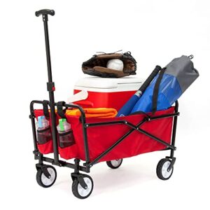 Seina Heavy Duty Steel Compact Collapsible Folding Outdoor Portable Utility Cart Wagon with All Terrain Rubber Wheels and 150 Pound Capacity, Red