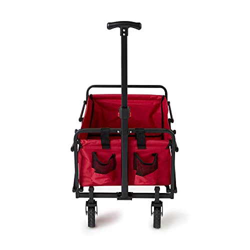 Seina Heavy Duty Steel Compact Collapsible Folding Outdoor Portable Utility Cart Wagon with All Terrain Rubber Wheels and 150 Pound Capacity, Red