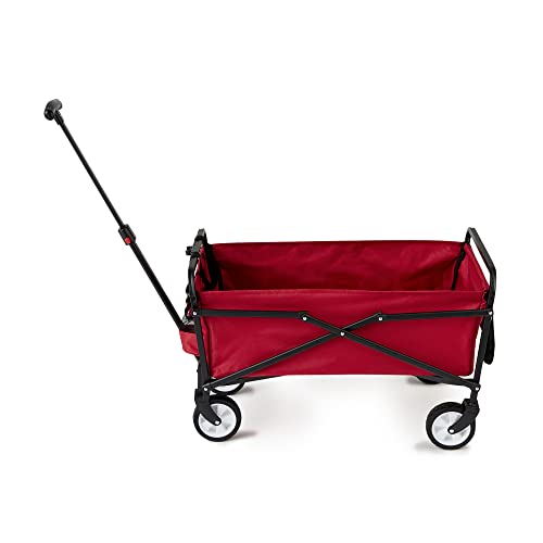 Seina Heavy Duty Steel Compact Collapsible Folding Outdoor Portable Utility Cart Wagon with All Terrain Rubber Wheels and 150 Pound Capacity, Red