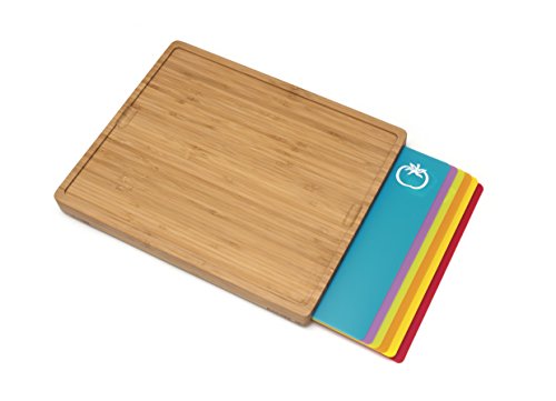 Lipper International Bamboo Wood Cutting Board with 6 Colored Poly Inlay Mats, 16" x 13-1/8" x 1-5/8"