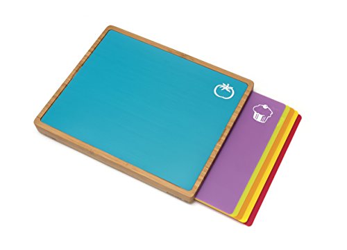 Lipper International Bamboo Wood Cutting Board with 6 Colored Poly Inlay Mats, 16" x 13-1/8" x 1-5/8"