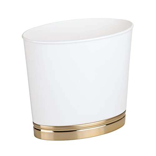 mDesign Oval Slim Decorative Trash Can with Accenting Base, Wastebasket for Bathroom, Bedroom Holds Garbage, Waste, Paper, Recyclables - Hyde Collection - White/Soft Brass