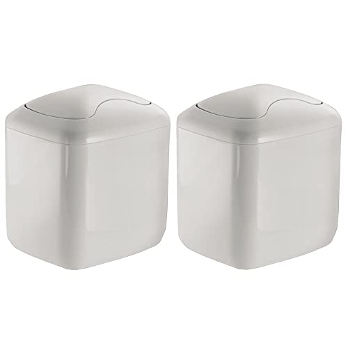 mDesign Modern Plastic Square Mini Wastebasket Trash Can Dispenser with Swing Lid for Bathroom Vanity Countertop or Tabletop - Dispose of Cotton Rounds, Makeup Sponges, Tissues - 2 Pack - Light Gray