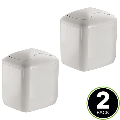 mDesign Modern Plastic Square Mini Wastebasket Trash Can Dispenser with Swing Lid for Bathroom Vanity Countertop or Tabletop - Dispose of Cotton Rounds, Makeup Sponges, Tissues - 2 Pack - Light Gray