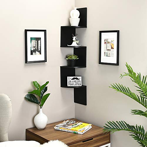 WELLAND Zig Zag 4 Tiers Black Finished Floating Shelf,Wall Mounted Corner Wall Shelf for Bed Room,Living Room,Kitchen and So on