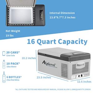 Alpicool C15 Portable Freezer,12 Volt Car Refrigerator, 16 Quart (15 Liter) Fast Cooling 12V Car Fridge -4℉~68℉, Car Cooler, 12/24V DC and 100-240V AC for Outdoor, Camping, RV, Truck, Boat