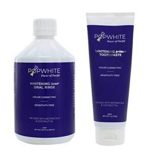 popwhite purple power duo natural teeth whitening with 4 oz primer toothpaste and 16.9 oz whitening toner oral rinse, vegan and peta certified, mint flavor, usa made