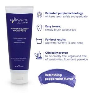 POPWHITE Purple Power Duo Natural Teeth Whitening with 4 oz Primer Toothpaste and 16.9 oz Whitening Toner Oral Rinse, Vegan and PETA Certified, Mint Flavor, USA Made