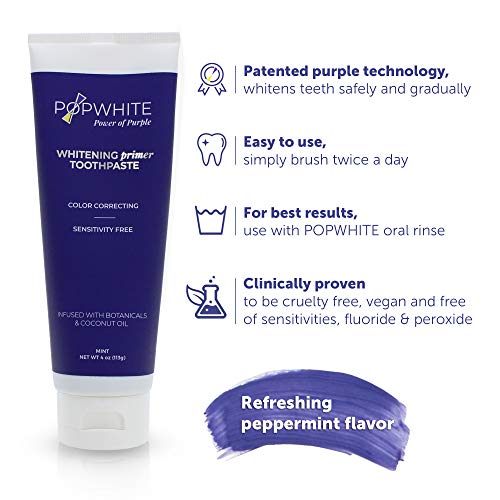 POPWHITE Purple Power Duo Natural Teeth Whitening with 4 oz Primer Toothpaste and 16.9 oz Whitening Toner Oral Rinse, Vegan and PETA Certified, Mint Flavor, USA Made