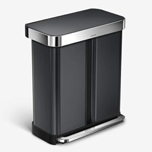 simplehuman 58 liter / 15.3 gallon rectangular hands-free dual compartment recycling kitchen step trash can, black stainless steel