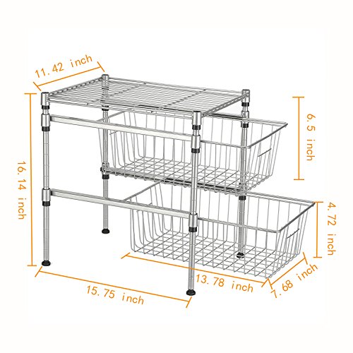 GEYUEYA Home 2-Tier Heavy Under Sink Organizer Cabinet Sliding Basket Drawer Expandable Shelf