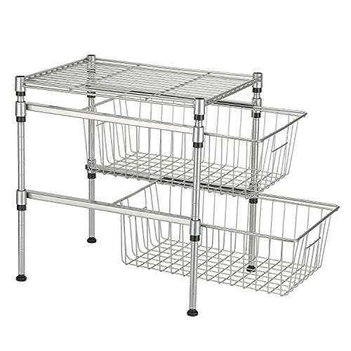 GEYUEYA Home 2-Tier Heavy Under Sink Organizer Cabinet Sliding Basket Drawer Expandable Shelf