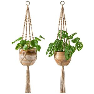 mkono 2 pack macrame plant hangers indoor hanging planter basket decorative flower pot holder jute rope for indoor outdoor home decor 4 legs 40 inch, brown
