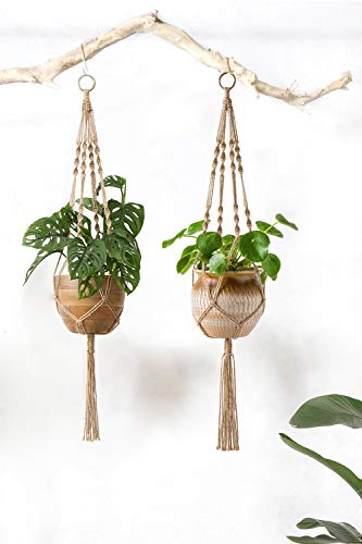 Mkono 2 Pack Macrame Plant Hangers Indoor Hanging Planter Basket Decorative Flower Pot Holder Jute Rope for Indoor Outdoor Home Decor 4 Legs 40 Inch, Brown