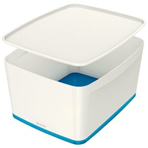 Leitz Large MyBox with Lid, Storage Box for Home and Office, High Gloss Plastic, 18 Litre, A4, White/Blue Metallic