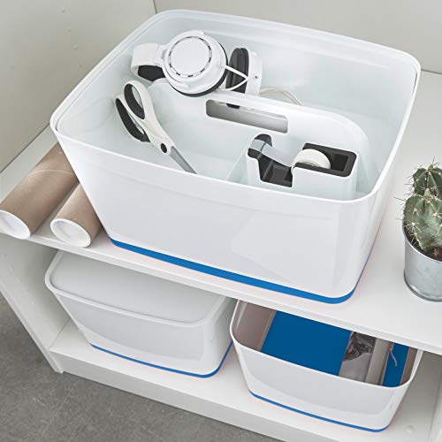 Leitz Large MyBox with Lid, Storage Box for Home and Office, High Gloss Plastic, 18 Litre, A4, White/Blue Metallic