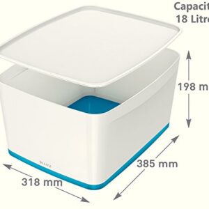 Leitz Large MyBox with Lid, Storage Box for Home and Office, High Gloss Plastic, 18 Litre, A4, White/Blue Metallic