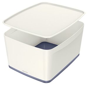 leitz large mybox with lid, storage box for home and office, high gloss plastic,18 litre, a4, white/grey