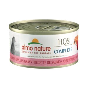 almo nature hqs complete salmon with apple in gravy grain free adult cat canned wet food, flaked