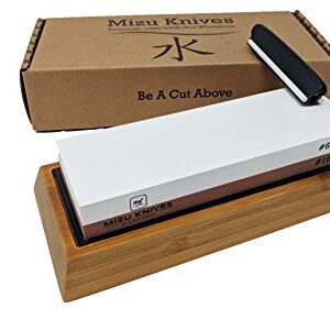 Mizu 1000 / 6000 Grit Premium Whetstone Knife Sharpening Stone Set, Ideal Sharpener for All Blades, Japanese Style Waterstone with Non Slip Bamboo Base, Includes Angle Guide & Instructions