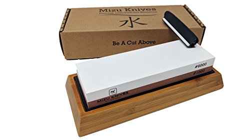 Mizu 1000 / 6000 Grit Premium Whetstone Knife Sharpening Stone Set, Ideal Sharpener for All Blades, Japanese Style Waterstone with Non Slip Bamboo Base, Includes Angle Guide & Instructions