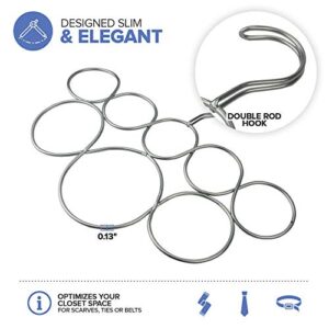 Scarf Hanger Organizer Holder for Closet Space Saving Organization and Storage, 8 Snagless Satin Chrome Rings by EXULTIMATE