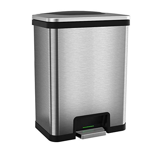 Halo TapCan 13 Gallon Effortless Trash Can with One-Tap Pedal Sensor and Odor Control System and AC Adapter-Stainless Steel with Black Trim