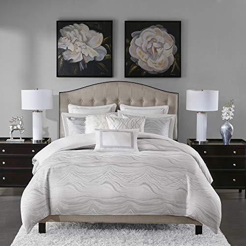 MADISON PARK SIGNATURE Hollywood Glam Cozy Comforter Set - All Season Bedding Combo Filled Insert and Removable Duvet Cover, Shams, Decorative Pillows, Metallic White Queen(92"x96") 9 Piece