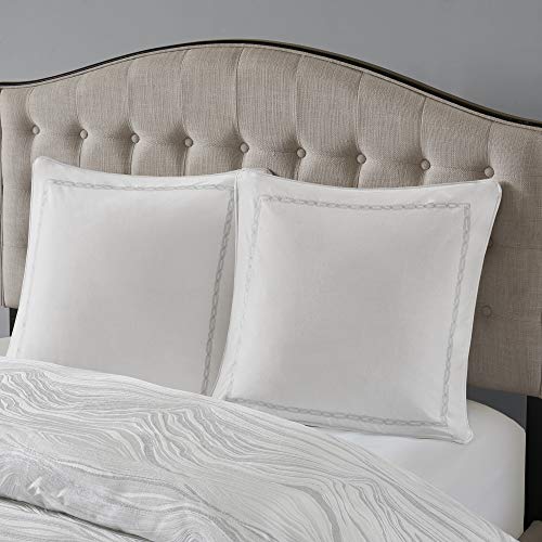 MADISON PARK SIGNATURE Hollywood Glam Cozy Comforter Set - All Season Bedding Combo Filled Insert and Removable Duvet Cover, Shams, Decorative Pillows, Metallic White Queen(92"x96") 9 Piece