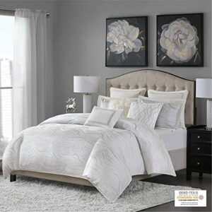 MADISON PARK SIGNATURE Hollywood Glam Cozy Comforter Set - All Season Bedding Combo Filled Insert and Removable Duvet Cover, Shams, Decorative Pillows, Metallic White Queen(92"x96") 9 Piece