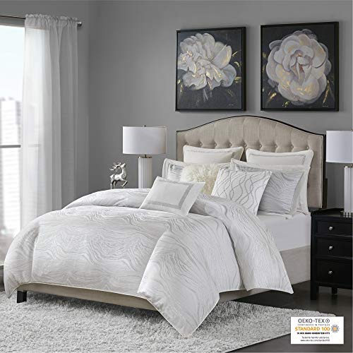 MADISON PARK SIGNATURE Hollywood Glam Cozy Comforter Set - All Season Bedding Combo Filled Insert and Removable Duvet Cover, Shams, Decorative Pillows, Metallic White Queen(92"x96") 9 Piece