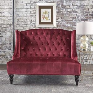 GDFStudio Leona Modern Glam Tufted Velvet Wingback Loveseat, Wine and Dark Brown