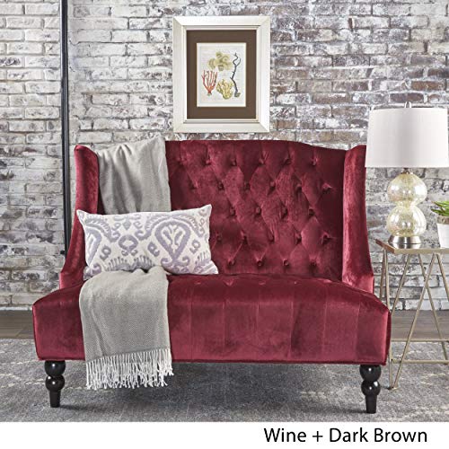 GDFStudio Leona Modern Glam Tufted Velvet Wingback Loveseat, Wine and Dark Brown