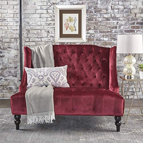 GDFStudio Leona Modern Glam Tufted Velvet Wingback Loveseat, Wine and Dark Brown