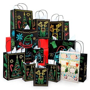 Christmas Holiday Glow-in-The-Dark Gift Bag | 22 Piece 11 Bags of 4 Different Designs, 3 Sizes Large Medium Small, 10 Stickers Labels, 11 White Tissue Papers | Gift Set with Unique Luminous Festive Designs & Patterns