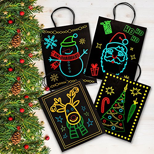 Christmas Holiday Glow-in-The-Dark Gift Bag | 22 Piece 11 Bags of 4 Different Designs, 3 Sizes Large Medium Small, 10 Stickers Labels, 11 White Tissue Papers | Gift Set with Unique Luminous Festive Designs & Patterns