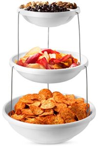collapsible bowl, 3 tier - the decorative plastic bowls twist down and fold inside for minimal storage space. perfect for serving snacks, salad and fruit. the top bowl is divided into three sections.