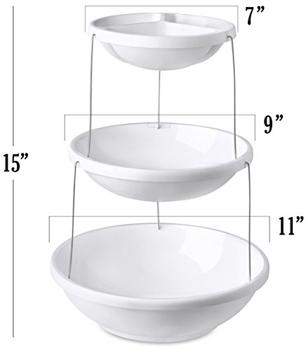 Collapsible Bowl, 3 Tier - The Decorative Plastic Bowls Twist Down and Fold Inside for Minimal Storage Space. Perfect for Serving Snacks, Salad and Fruit. The Top Bowl is Divided into Three Sections.