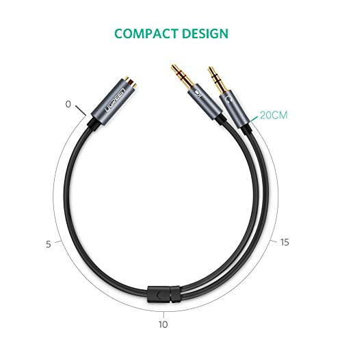 UGREEN Headphone Splitter for Computer 3.5mm Female to 2 Dual 3.5mm Male Braided Audio Splitter Cable Microphone Stereo Jack Earphones Port Cord Gaming Headset to PC Laptop Adapter Black