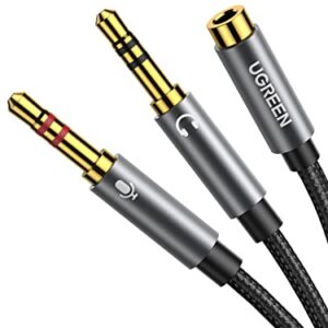 UGREEN Headphone Splitter for Computer 3.5mm Female to 2 Dual 3.5mm Male Braided Audio Splitter Cable Microphone Stereo Jack Earphones Port Cord Gaming Headset to PC Laptop Adapter Black