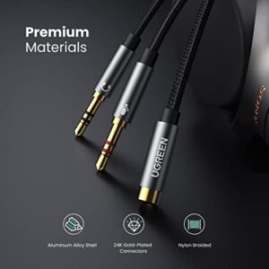 UGREEN Headphone Splitter for Computer 3.5mm Female to 2 Dual 3.5mm Male Braided Audio Splitter Cable Microphone Stereo Jack Earphones Port Cord Gaming Headset to PC Laptop Adapter Black