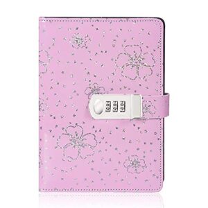 koboome floral notebook with password lock, a5 size pu leather creative password notebook with combination lock student diary notepad (pink)