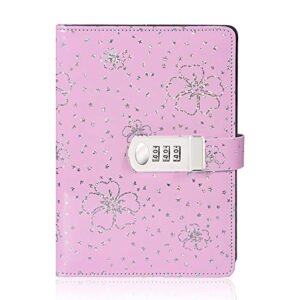 koboome Floral Notebook with Password Lock, A5 Size PU Leather Creative Password Notebook with Combination Lock Student Diary Notepad (Pink)