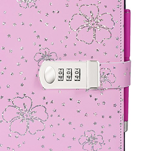 koboome Floral Notebook with Password Lock, A5 Size PU Leather Creative Password Notebook with Combination Lock Student Diary Notepad (Pink)