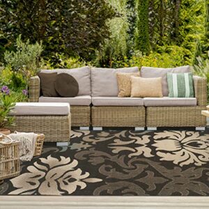 superior indoor outdoor area rug, perfect for patio, backyard, playroom, kitchen, bedroom, dining room and entryway, high-traffic, pet and kid friendly, damask, lowell collection, 4' x 6', brown beige