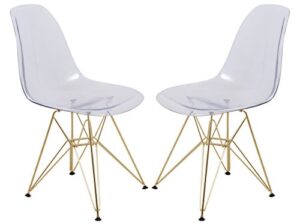leisuremod carey modern eiffel base molded side dining chair with gold base, set of 2 (clear)