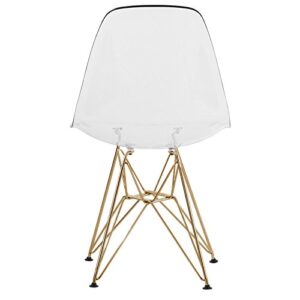 LeisureMod Carey Modern Eiffel Base Molded Side Dining Chair with Gold Base, Set of 2 (Clear)