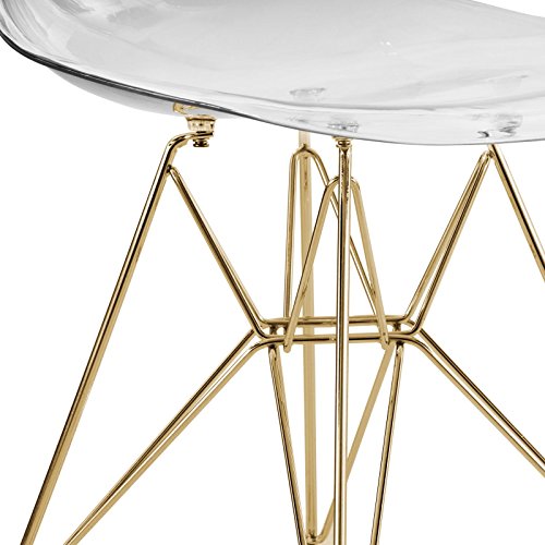 LeisureMod Carey Modern Eiffel Base Molded Side Dining Chair with Gold Base, Set of 2 (Clear)