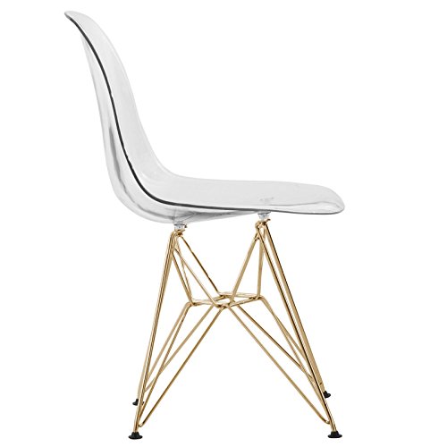 LeisureMod Carey Modern Eiffel Base Molded Side Dining Chair with Gold Base, Set of 2 (Clear)