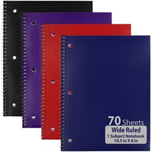emraw single subject notebook spiral with 70 sheets of wide ruled white paper - set includes: red, black, purple, & blue covers (4 pack)